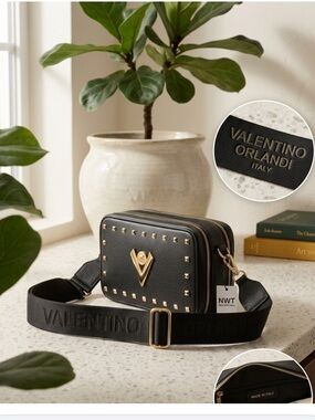 NWT Valentino Orlandi Black Gold Studded Crossbody Camera Bag